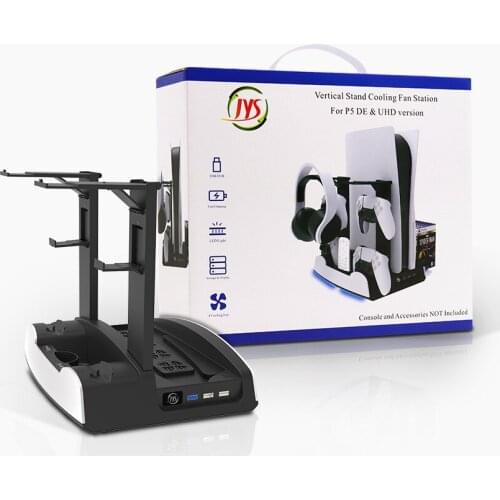 LED Dual PS5 Controller Charging Stand with 4 Cooling Fan 2 Headset Hook & 13 Game Disc Storage for PlayStation 5 DE UHD Console