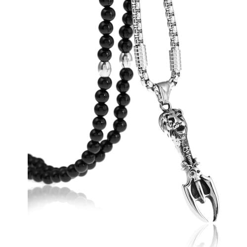Stainless Steel Vintage Lion Head Satanism Pendant Necklace with Black Natural Stone Chain Necklace 26"