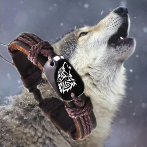 Vintage Fashion Braided Woven Rope Leather Unisex Bracelet Wolf Logo Fashion Jewelry for Women Man