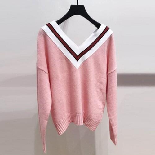 Patads French minority autumn and winter pink contrast V-neck loose knit sweater casual womens wear pu00268