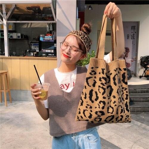 4 Colors Women Knitted Shoulder Bags Leopard Printing Weave Handle Handbags Tote Ins Casual Wool Shopping Shopper Bags