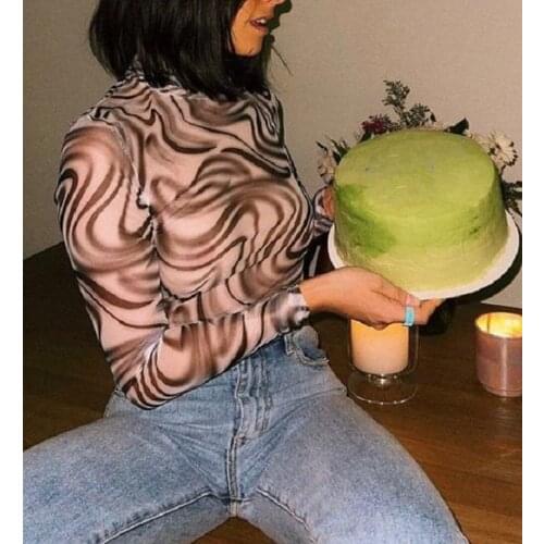 Summer Autumn Women Sheer Mesh Tops Sexy Lady Long Sleeve Crew Neck Paisley Print Slim Fit See through T-Shirts Party Clubwear