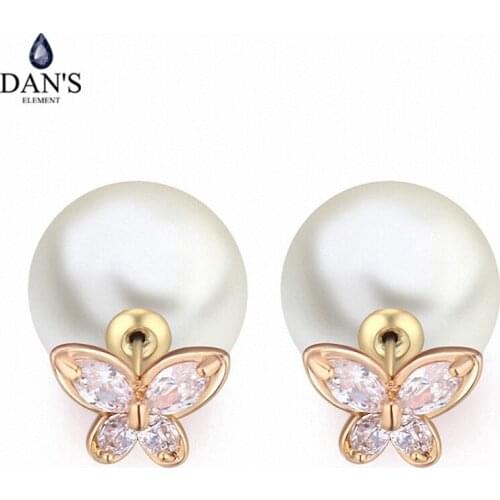 DANS ELEMENT Real Big Brand AAA Zirconia Rose Gold Color Simulated Pearl Fashion Ball Stud Earrings For Women butterfly 113606