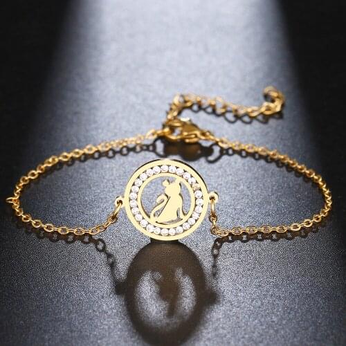 CACANA 316L Stainless Steel For Women Crystal Bracelet Cute Civet Cat Round Bracelets Gold Color Engagement Gifts Jewelry New