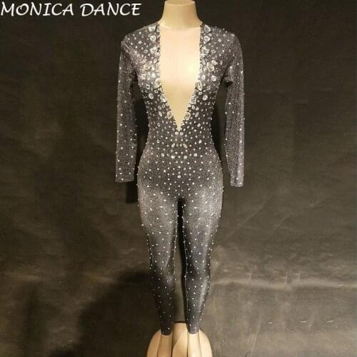 Women Sexy Sparkly Stones Black Jumpsuit Rhinestones Bodysuit Female Singer Rompers Stage Wear Birthday Dance Wear Jumpsuit