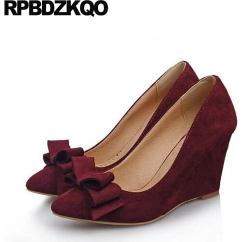 3 Inch Wedge Big Size Pumps Suede 33 Bow Small 2017 Crossdresser Office Shoes Ladies Women Pointed Toe Wine Red China New