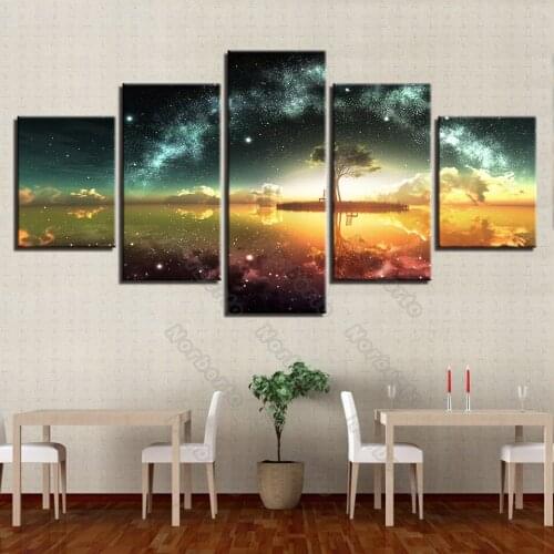 5 Pieces Frameless Canvas Painting Wall Poster Northern Lights Green Trees In Lake Galaxy At Nightfall for Living Rooms Decorati