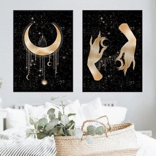 Abstract Minimalist Witch Hand Retro Poster Canvas Painting Boho Decoration Celestial Moon Wall Decor for Living Room Home Decor