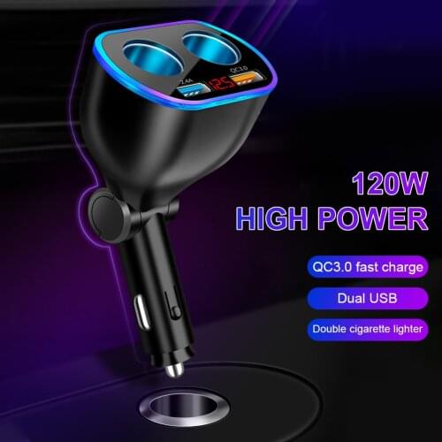 Car Charger Lighter Adapter Splitter with 12/24V Dual USB Digital Voltmeter LED Night Light QC 3.0 Fast Charge for Phone Tablet