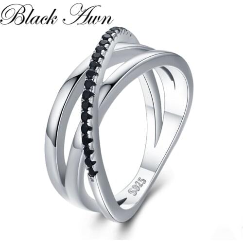 Black Awn Classic 925 Sterling Silver Fine Jewelry Baguet Row Engagement Black Spinel Wedding Rings for Women Bijoux Femme G006