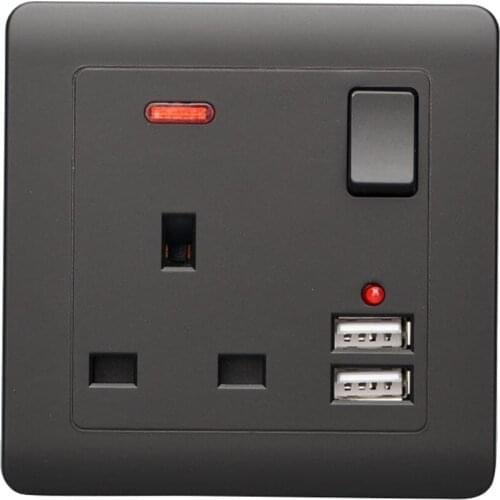 Electrical Wall Socket UK Plug with 2 USB Port Outlets Plate Universal Black