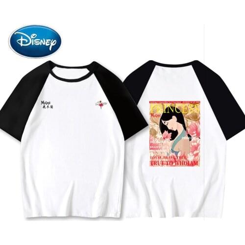 Disney Chic Fashion Mulan Floral Cartoon Letter Print Unisex Women T-Shirt O-Neck Pullover Short Sleeve Cotton Tee Tops 8 Colors