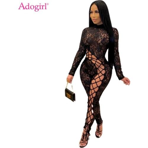 Adogirl Sexy Lace Patchwork Lace Up Jumpsuit Turtleneck Long Sleeve Hollow Out Tie Slim Romper Autumn Winter Night Club Overall