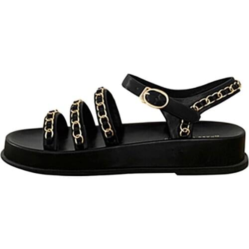 Leather Cross Gold Chain Classical Sandals Female Pig Skin Leather Lining High End European Style 2021 New Flat With Fashion