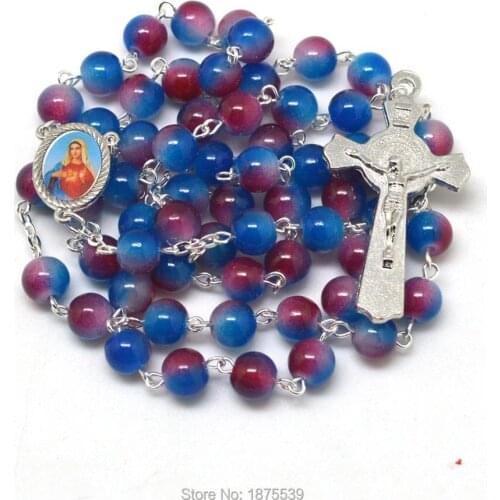 Beautiful Glass Bead Rosary Necklace Heart of Mary Centers St Benedict Crucifix