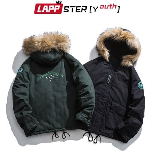 LAPPSTER-Youth Men Fur Hooded Jackets Winter Printed Puffer Coats 2021 Mens Vintage Parkas Japanese Bomber Jacket Male Warm Coat