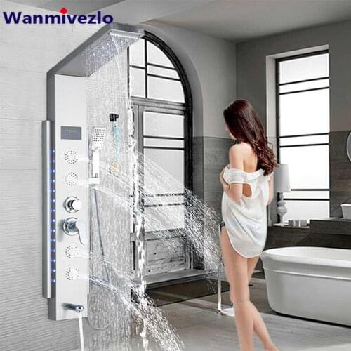 Brushed Nickel Shower Panel Rain Waterfall Shower Column Tub Tap ABS Hand Shower Wall Mount Jets Rainfall Bathroom Shower Faucet