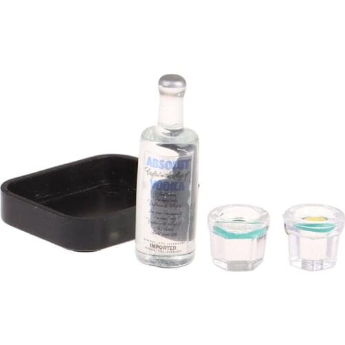 4Pcs/Set 1/12 Dollhouse Miniature Resin Vodka Bottle Wine Glass Tray Set Simulation Drink Model Toy for Doll House Decoration
