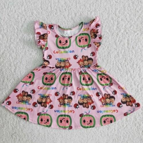 Fashionable Baby Girls Summer Clothes Boutique Cute Design Cartoon Print Dresses Children Soft Material No MOQ Children Frocks