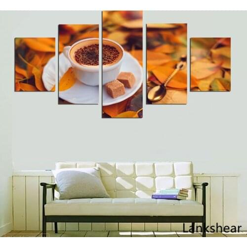 Modular Canvas Painting Coffee With Yellow Autumn Leaves Pictures Wall Art Framed 5 Pieces Home Decoration For Living Room