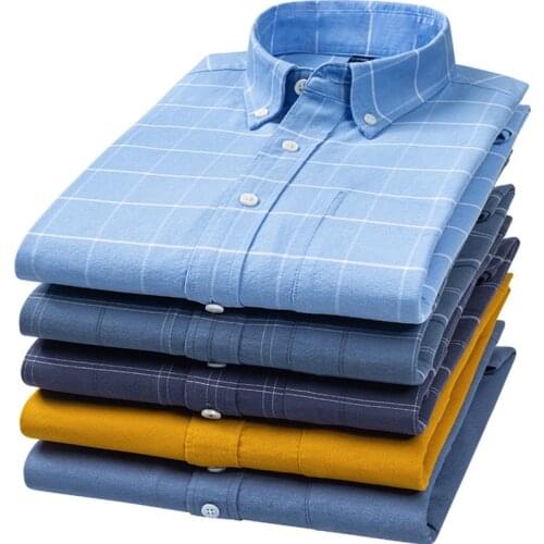 6XL Cotton Mens Oxford Plaid Casual Shirt Long Sleeve Home Chest Pocket Regular-Fit Button-Down Collar Thick Work Dress Shirts