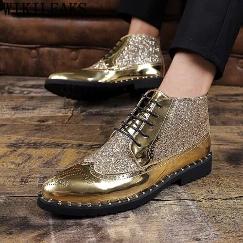 Chelsea Boots Men Motorcycle Boots Brogues Ankle Boots Men Glitter Formal Shoes Men Patent Leather Shoes+male Chaussure Homme