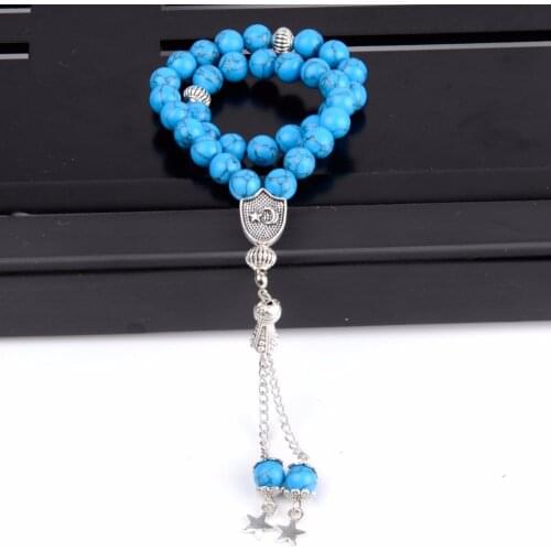 Men Women Muslim Rosary Bracelet Prayer Beads Natural Mineral Blue Turquoises 33 Tasbih Fashion Charm Jewelry Handmade Bijoux