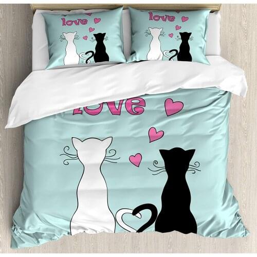 Cat Duvet Cover Set Black and White Kitty Cat Couple with Tails Tangled and in Love with Romantic Hearts Decorative 3 Piece Bed