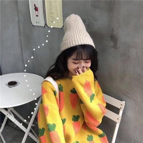 Autumn Womens Sweaters Kawaii Ulzzang Radish Embroidery Sweater Female Harajuku Clothing For Women Yellow Sweater Females