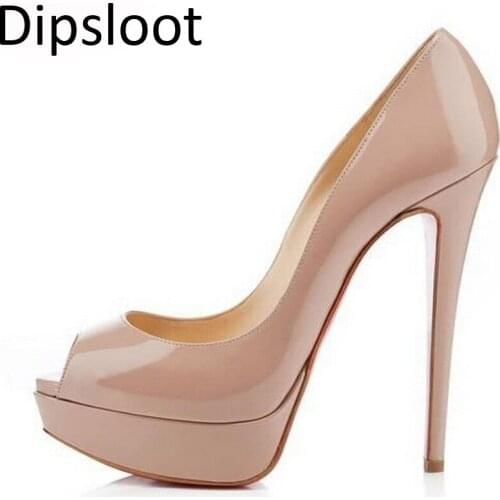 Sexy 14 cm Super High Heels Platform Pumps Women Peep Toe Nude/Black Wedding Pumps Lady Patent Leather Women Bridal Dress Shoes