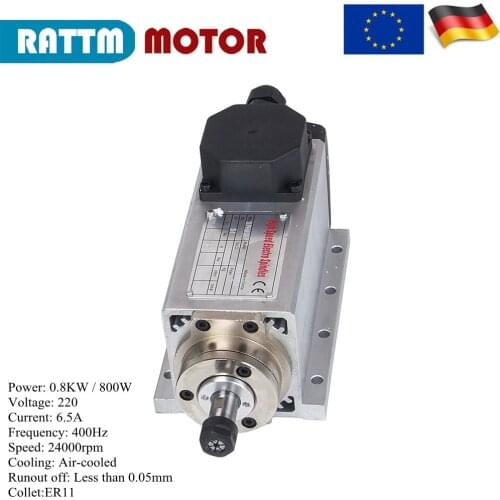 Square Air cooled spindle 800W 220V ER11 runout-off 0.05mm 24000rpm 400Hz 6.5A with ER11 collet for CNC Lathe