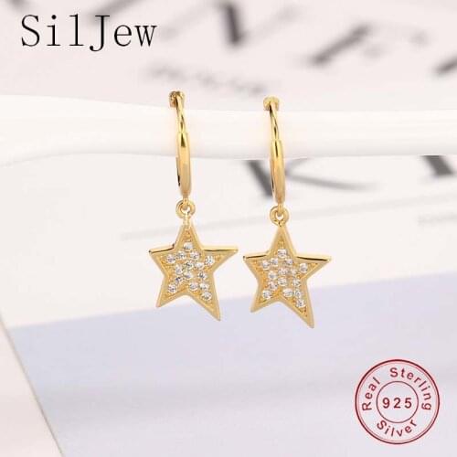 Real 100% 925 Sterling Silver Trendy Pave Zircon Irregular Star HangingHoop Earrings for Women Jewelry Creole Accessories Gifts