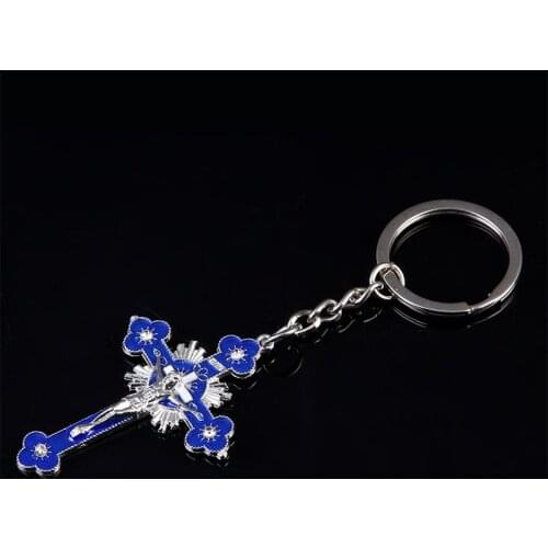 Religious Blue Jesus Cross Big Cross Key Chain Jewelry Gift Key Chain Orthodox Cross Key Jesus Buckle Pendant
