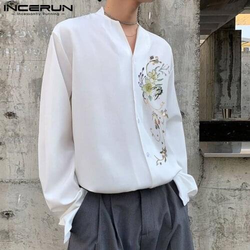 Men Shirt Printing 2021 V Neck Long Sleeve Streetwear Loose Button Leisure Camisas Vintage Autumn Casual Mens Clothing INCERUN
