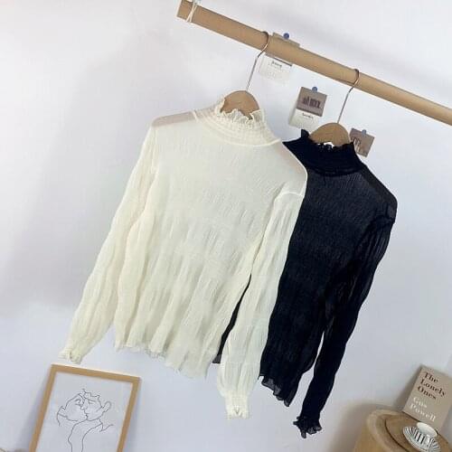 Spring Autumn Women Turtleneck Flare Sleeve Basic Chiffon Ruffles Shirt Lady Elastic Slim High Waist Pullover Chic Blouse Tops