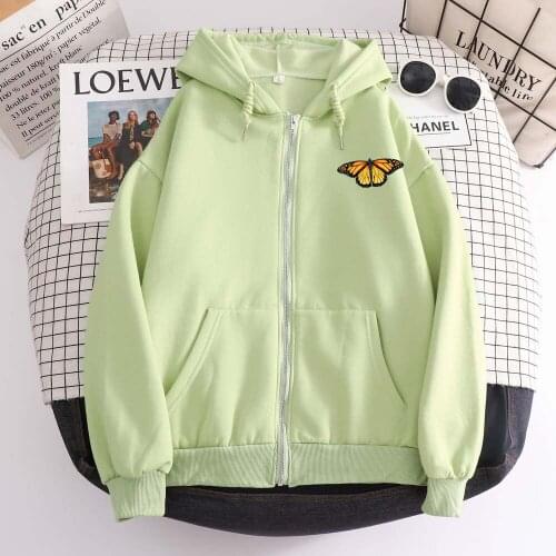 Y2k Zip Up Hoodie Butterfly Hooded Zipper Coat Lady Cotton Sweatshirt Korean Fashion Womens Tracksuit Long Sleeve Plus Size Top