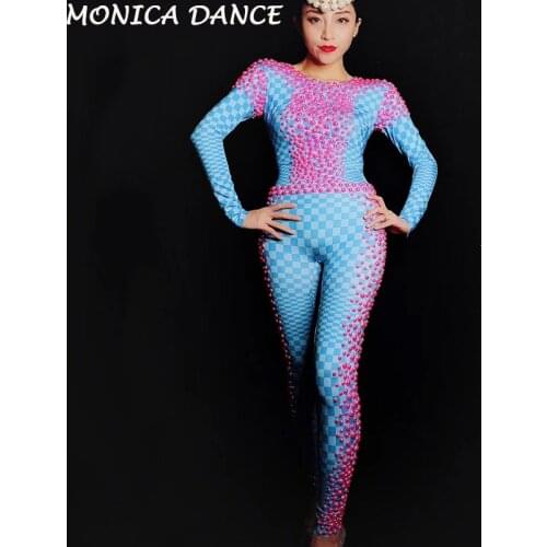 Women Sexy Pink Pearls Stones Blue Spandex Jumpsuit Nightclub Birthday Party Leggings Female Singer Dancer Bodysuit Costume