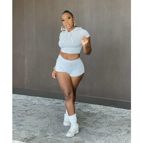 Summer Clothing Two Piece Set Sexy Solid Hooded T-shirt+Shorts Sets Fitness Running Tracksuit Women Streetwear Wholesale Items