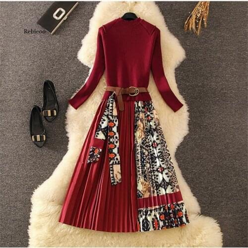 Elegant Knitted Patchwork Pleated Midi Dress Fall Winter Fashion Women Long Sleeve Ethnic Retro Printing Pleated Dress