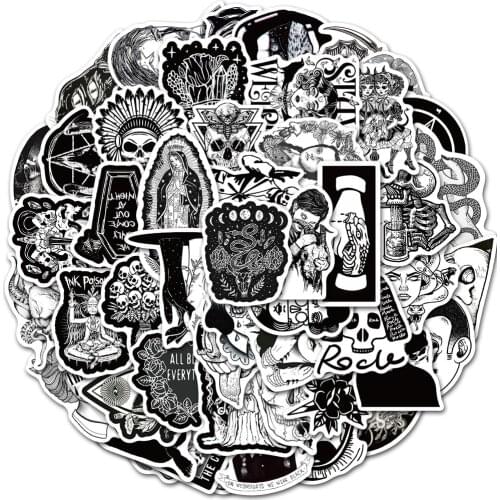 50PCS Black and White Skull Gothic Style Stickers Travel Luggage Guitar Fridge Laptop Waterproof Cool Classic Stickers for Kid
