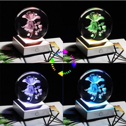 8 CM 3D Laser Engraved Crystal Rose Flower Miniature Modle with I LOVE YOU LED Lamp Miniatures Sphere Home Decor Accessories
