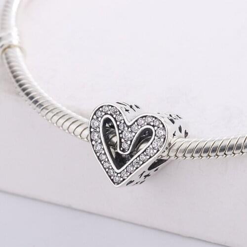 925 Sterling Silver Sparkling Freehand Heart Pendant Charms Bracelet DIY Jewelry Making For Pandora Valentines Day Gift