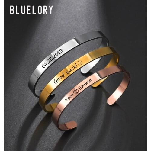 Bluelory Personalized Engrave Names Date Words Cuff Bracelet For Women Men Lovers 6mm Stainless Steel Couple Bangles Jewelry