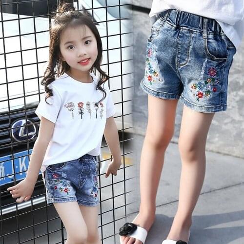 Girls Denim Shorts Princess Jeans Embroidered flowers Summer Fashion Short 2-14 Year Childrens Top Quality Clothing Wild Style