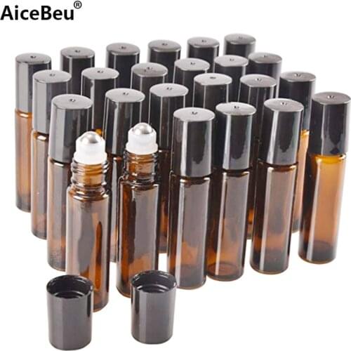 AiceBeu 10/20 Pcs 10 ml Amber Glass Roller Bottle Bottles with Removable Stainless Steel Roller Ball for Essential Oil Perfume