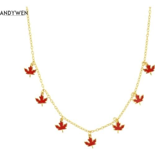 ANDYWEN 925 Sterling Silver Gold Maple Leaf Charm Pendant Choker Necklace Long Chain Red Enamel Multi Fine Jewelry For Women