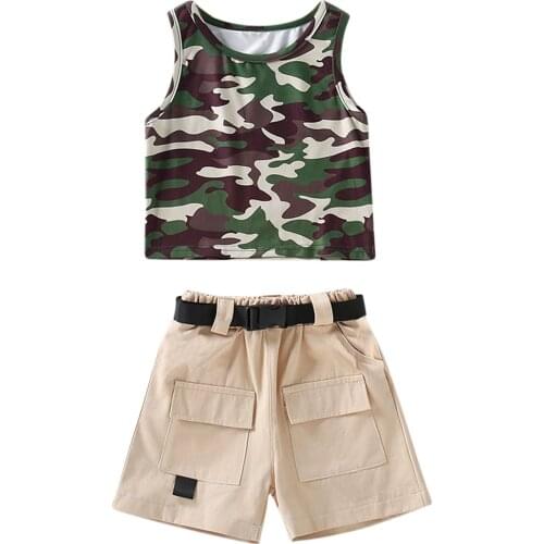 Toddler Baby Boys Three-piece Summer casual Clothes Set Army Green Sleeveless Round Collar Tops pocket solid Shorts Waistband