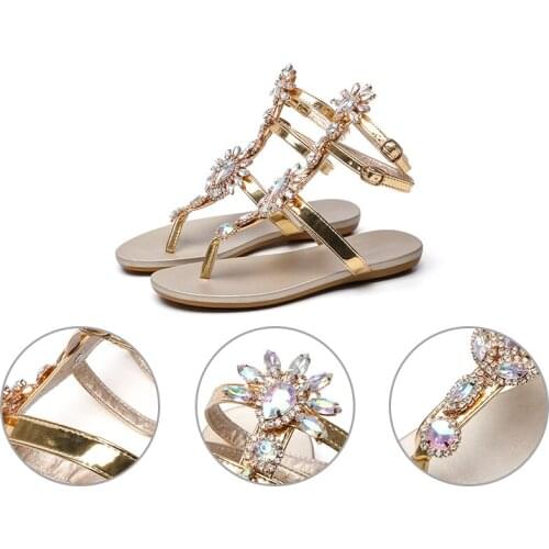 Summer Womens Wedding Sandals Crystal with Rhinestone Beaded Bohemian Dress Flip-flop Gladiator Shoes Plus-size