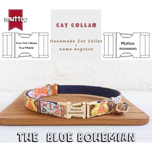 MUTTCO retail handmade engraved high quality metal buckle collar for cat THE BLUE BOHEMIAN design cat collar 2 sizes UCC054J