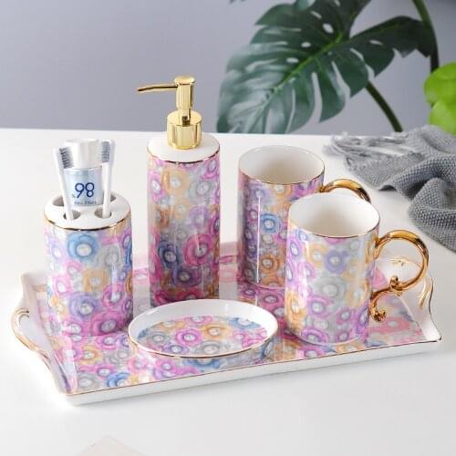 Bathroom Accessories Set Ceramic Soap Dispenser Toothbrush Holder Gargle Cup Soap Dish Wedding Gifts 5/6 Pieces Set With Tray